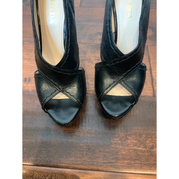 Prada Black Leather Criss-Cross Open Toe Platform Heels, Size 8.5 | 38.5 - Picture 4 of 9